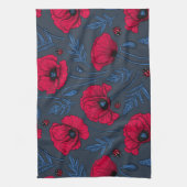 Rode papavers en ladybugs op donkerblauw theedoek (Verticaal)