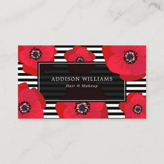Rode papavers en stripes visitekaartje (Voorkant)