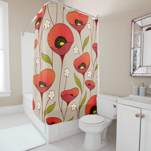 Rode papavers Fijne Girly Bloemen Retro Douchegordijn (In situ)