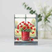 rode papavers in een tinpot briefkaart (Staand voorkant)