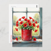 rode papavers in een tinpot briefkaart (Voorkant / Achterkant)