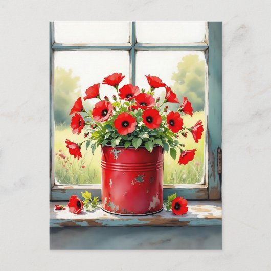 rode papavers in een tinpot briefkaart (Voorkant)