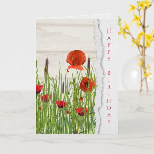 rode papavers met cattailsverjaardag kaart (Gele Bloem)