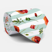 Rode papavers met parelblauw en witte strepen stropdas (Opgerold)