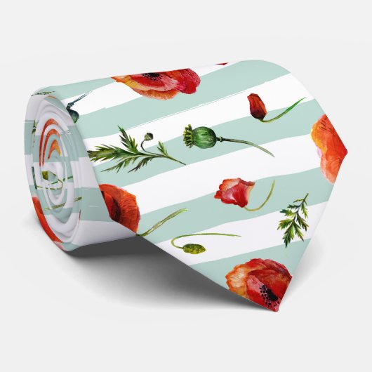 Rode papavers met parelblauw en witte strepen stropdas (Opgerold)