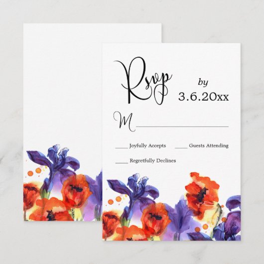 Rode papavers, Paarse Iris Waterverf Wedding RSVP (Voorkant / Achterkant)