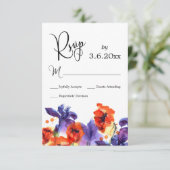 Rode papavers, Paarse Iris Waterverf Wedding RSVP Kaartje (Staand voorkant)
