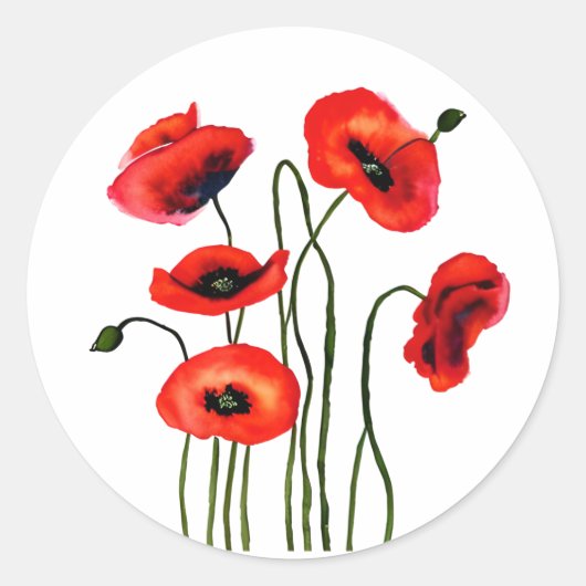 Rode papavers Waterverf bloemen Ronde Sticker (Voorkant)