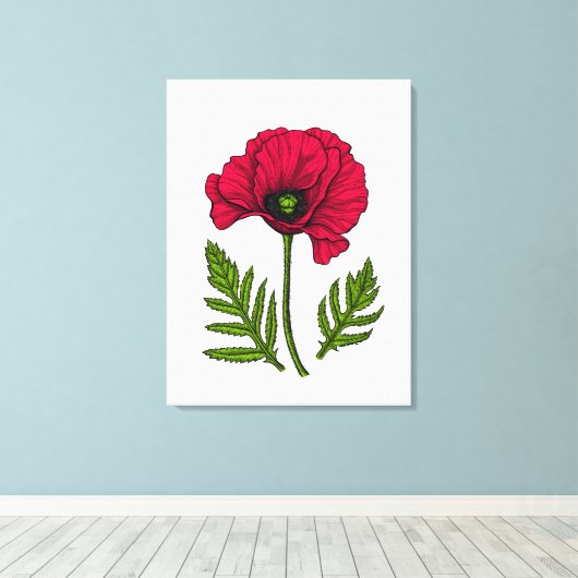 Rode papavertekening 3 canvas afdruk (Insitu (Houten vloer))