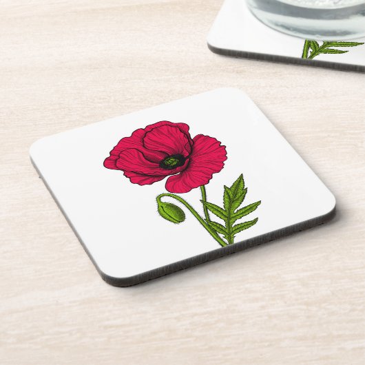 Rode papavertekening bier onderzetter (Linkerzijde)