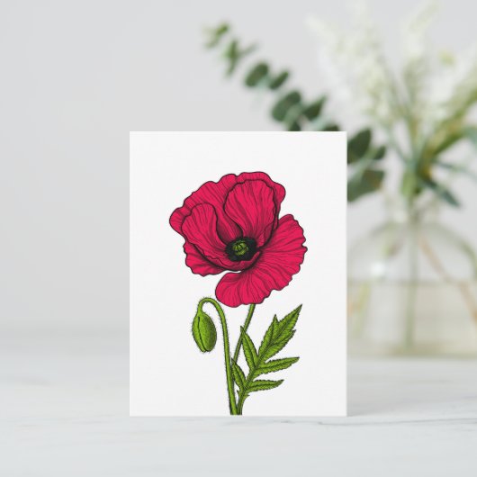 Rode papavertekening briefkaart (Staand voorkant)