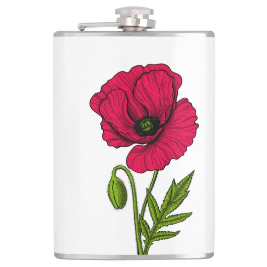 Rode papavertekening heupfles (Voorkant)