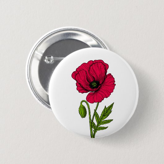 Rode papavertekening ronde button 5,7 cm (Voorkant /achterkant)