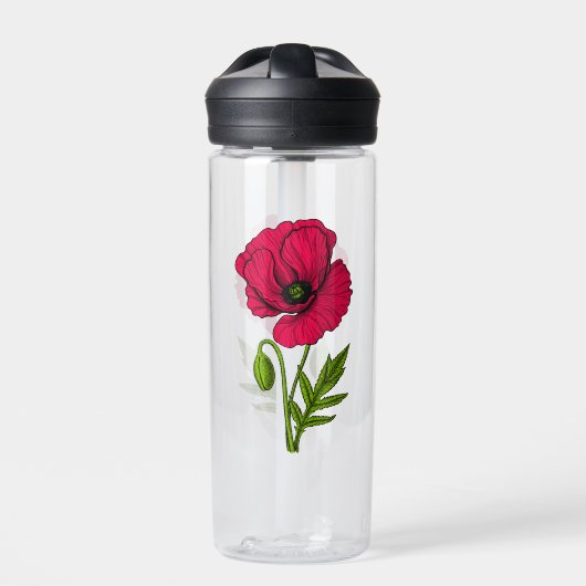 Rode papavertekening waterfles (Voorkant)