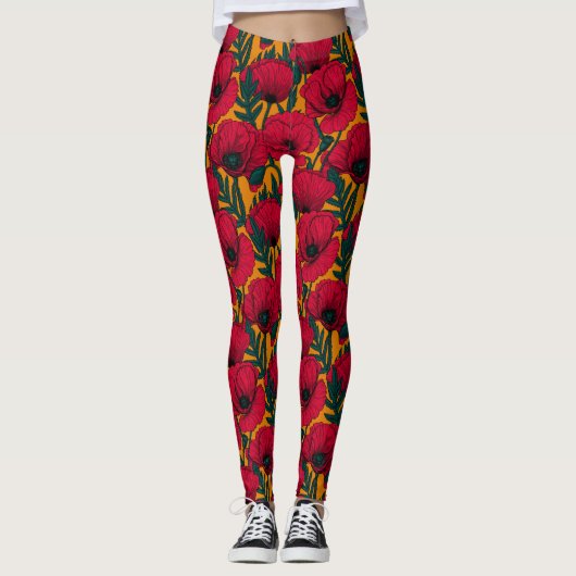 Rode papavertuin leggings (Voorkant)