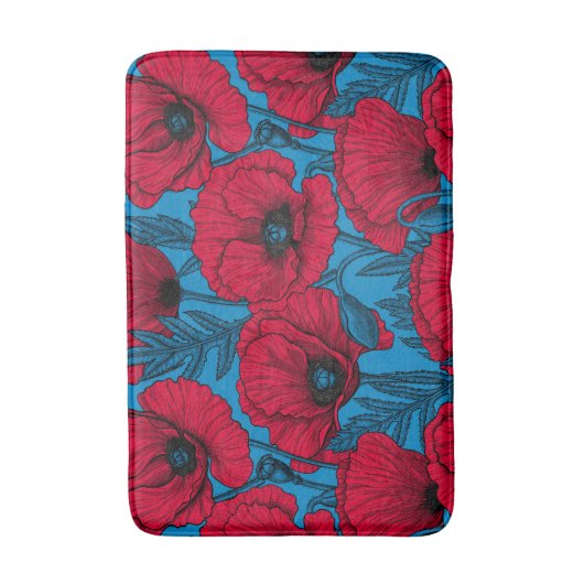 Rode papavertuin op blauw badmat (Voorkant Verticaal)