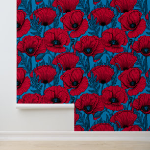 Rode papavertuin op blauw behang
