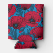 Rode papavertuin op blauw blikjeskoeler (Voorkant)