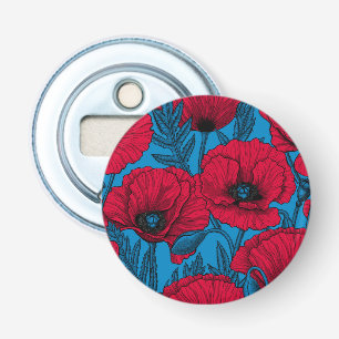 Rode papavertuin op blauw button flesopener