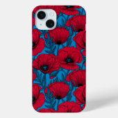 Rode papavertuin op blauw Case-Mate iPhone case (Achterkant)