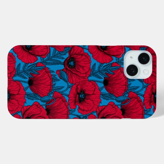 Rode papavertuin op blauw Case-Mate iPhone case (Achterkant (horizontaal))