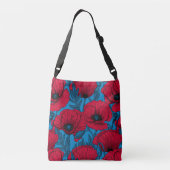 Rode papavertuin op blauw crossbody tas (Achterkant)