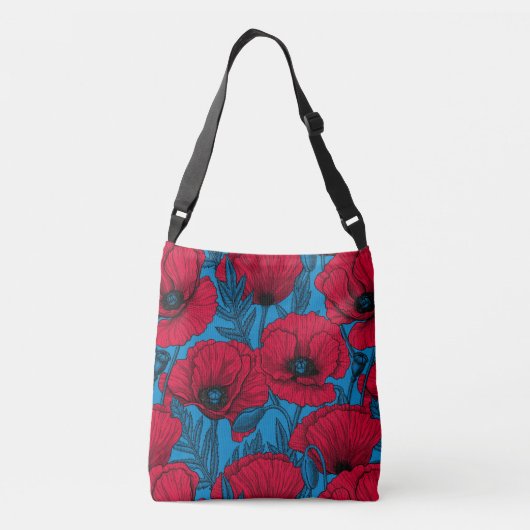 Rode papavertuin op blauw crossbody tas (Achterkant)
