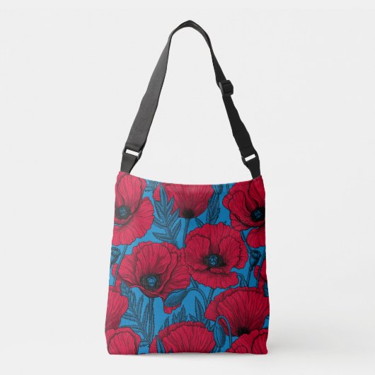 Rode papavertuin op blauw crossbody tas (Voorkant)