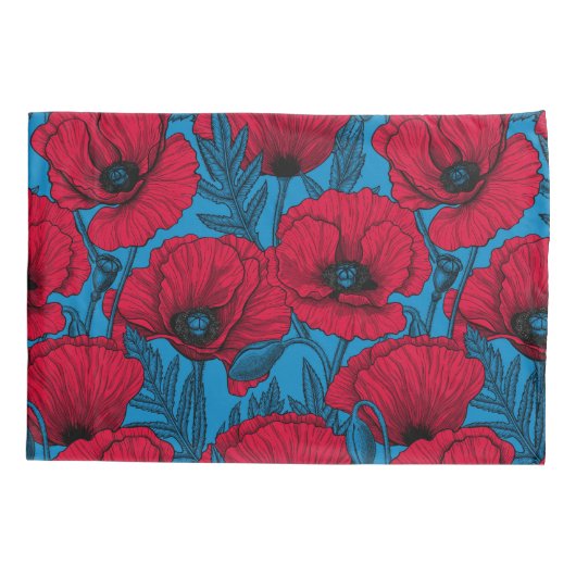 Rode papavertuin op blauw kussensloop (Achterkant)