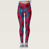 Rode papavertuin op blauw leggings (Voorkant)