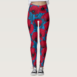 Rode papavertuin op blauw leggings