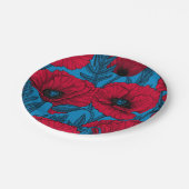Rode papavertuin op blauw papieren bordje (Gekanteld)