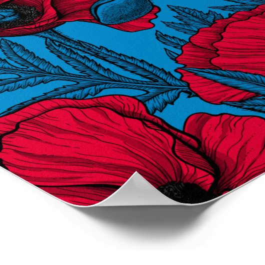 Rode papavertuin op blauw poster (Hoek)