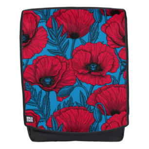 Rode papavertuin op blauw rugtassen