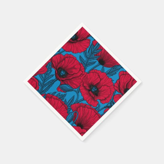 Rode papavertuin op blauw servet (Hoek)