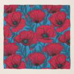 Rode papavertuin op blauw sjaal<br><div class="desc">Vectorpatroon gemaakt van met de hand getrokken papavers.</div>