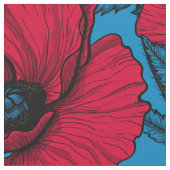 Rode papavertuin op blauw stof (Close Up)
