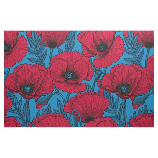 Rode papavertuin op blauw stof (Fat Quarter)