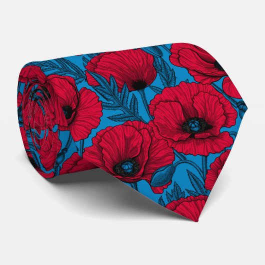 Rode papavertuin op blauw stropdas (Opgerold)