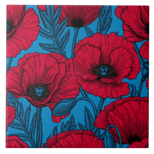 Rode papavertuin op blauw tegeltje (Voorkant)