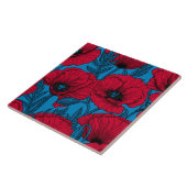 Rode papavertuin op blauw tegeltje (Zijkant)