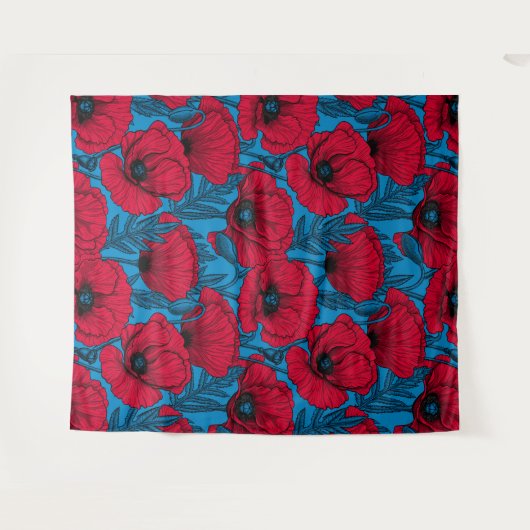 Rode papavertuin op blauw wandkleed (Voorkant (horizontaal))