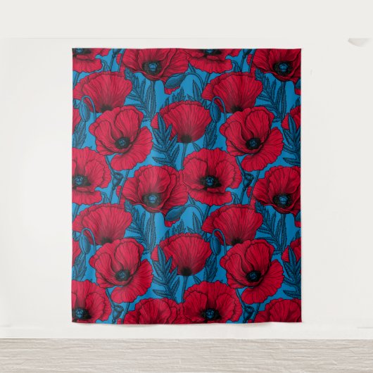 Rode papavertuin op blauw wandkleed (Voorkant)