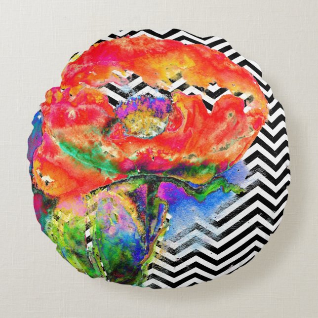 Rode papegaaien, zwart en witte chevron rond kussen (Voorkant)