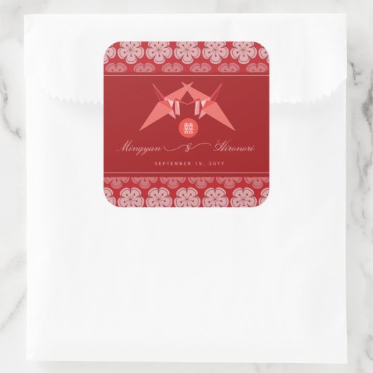 Rode Papier Kranen & Kersenbloesems Aziatische Bru Vierkante Sticker (Tas)