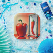 Rode paprika kijkt in een spiegel papieren bordje (Feest)