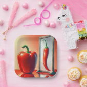 Rode paprika kijkt in een spiegel papieren bordje (Feest)