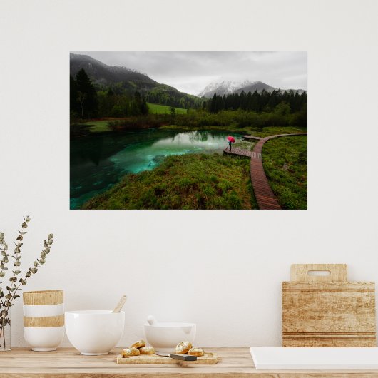 Rode paraplu-groen meer poster (Keuken)