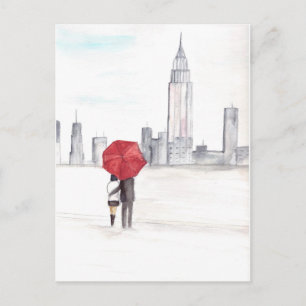 Rode paraplu-koppel New York coole trendy bruiloft Briefkaart