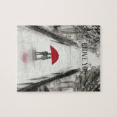 Rode Paraplu Liefde paar waterverf Valentijnsdag Legpuzzel (Horizontaal)